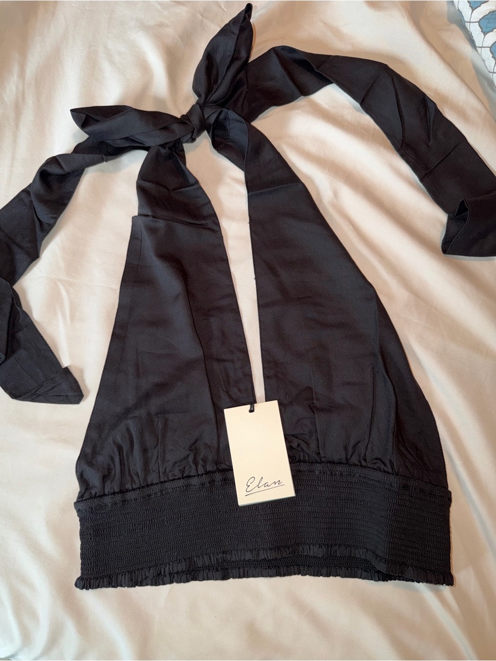 Elan Black Halter Tie Smocked Crop Top